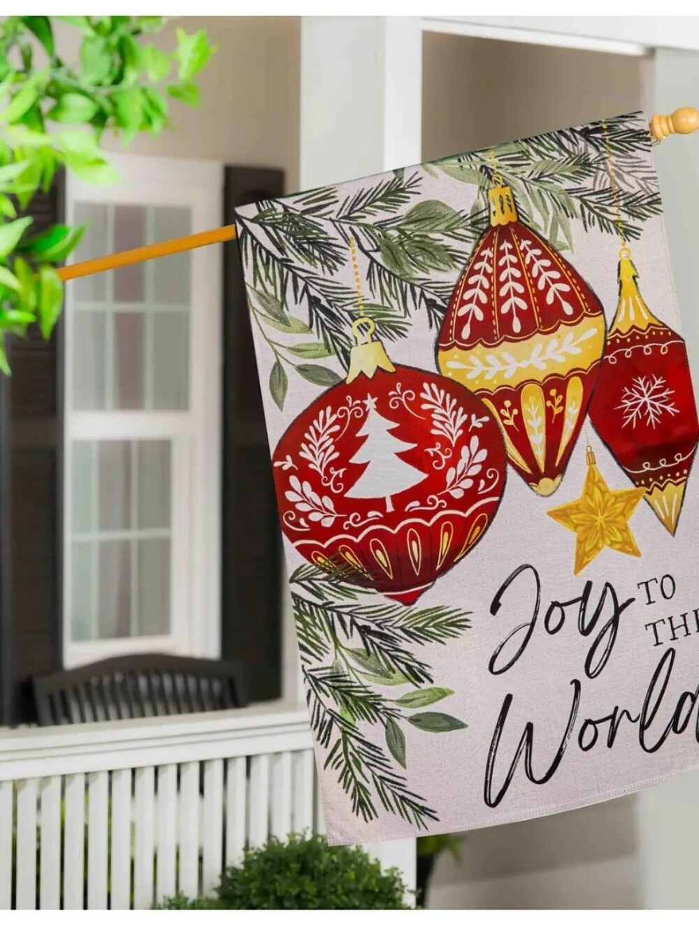 House Flag Joy to the World Ornaments on Tree - Red and Green. New. Large